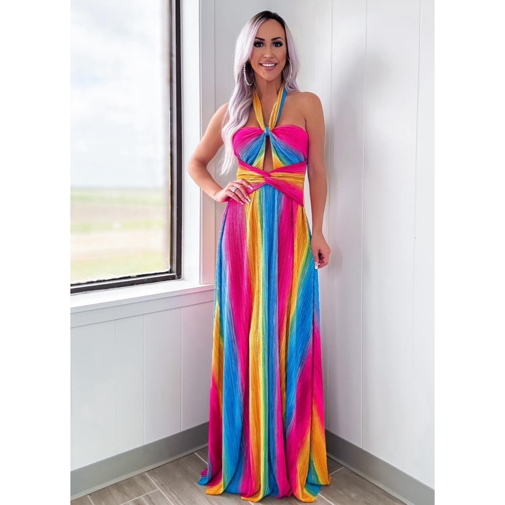 . Pretty Pop Super Colorful Rainbow Ribbed Flowy Halter Maxi Dress - Picture 5 of 9